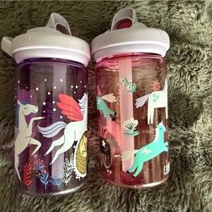 Bundle of two camelbak little girls water bottle unicorn and pegasus purple pink